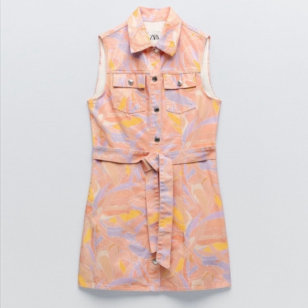 Zara Peach and Lavender Sleeveless Denim Jean Shirt Dress Sz XS Summer Easter